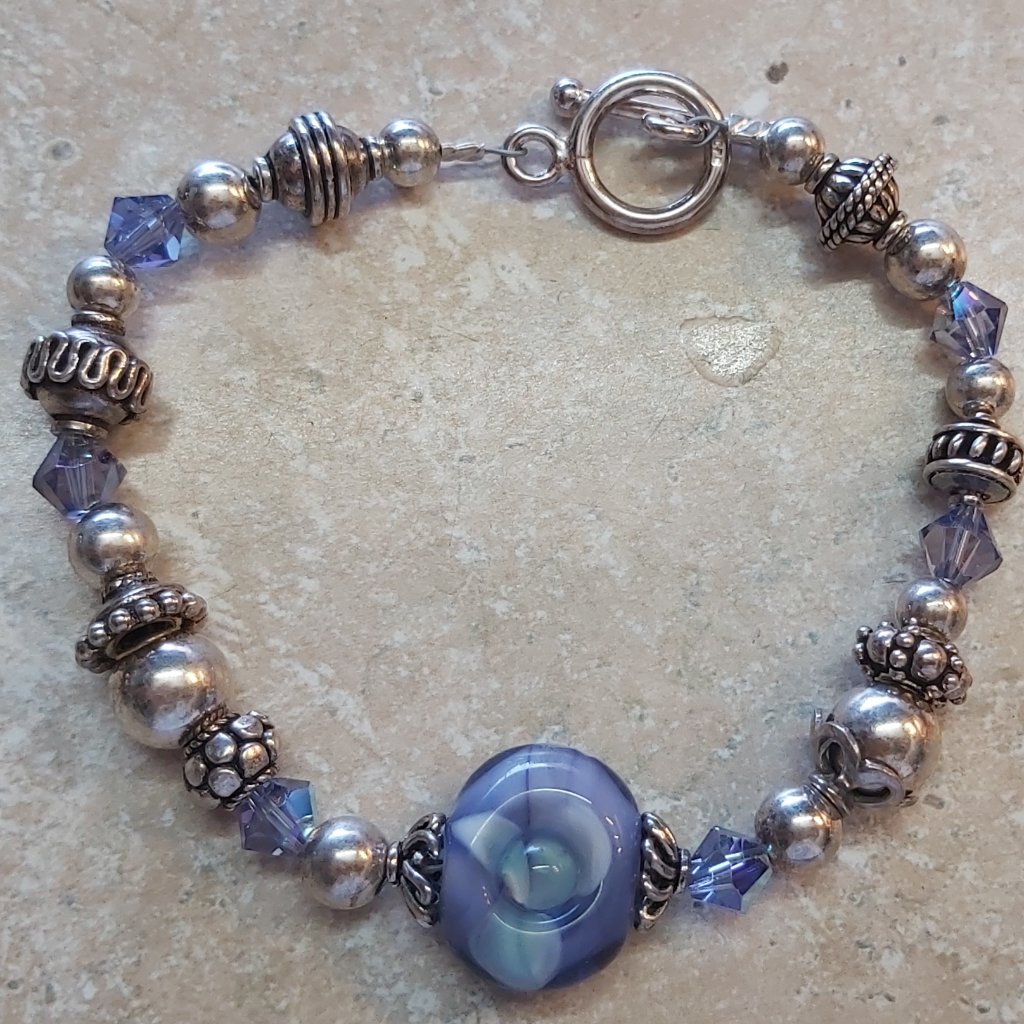 Sterling Silver And Crystal Beaded Bracelet 7" Long
